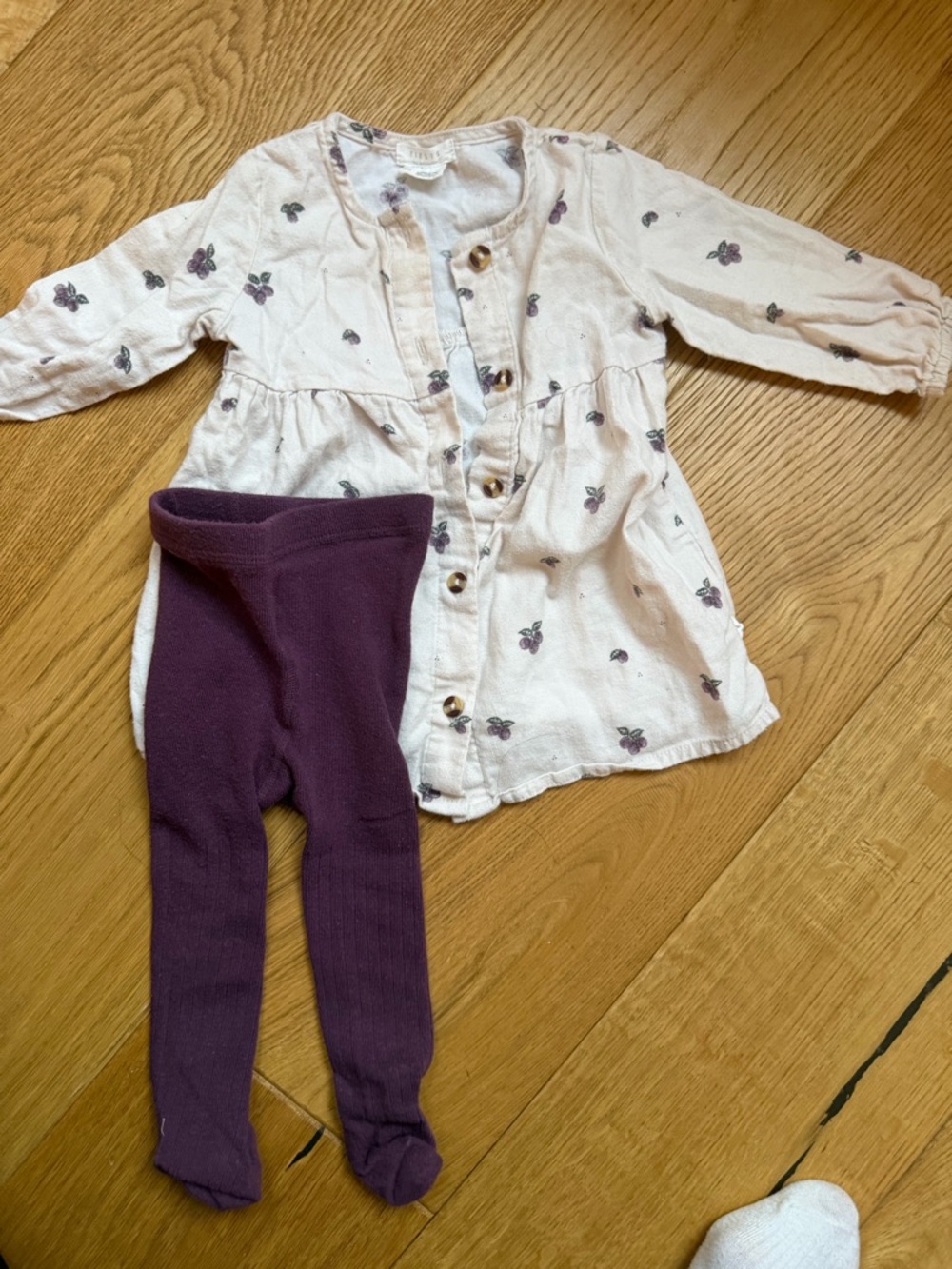 Baby Girl Floral Button Dress with Plum Tights First by Petit lem (6mth)